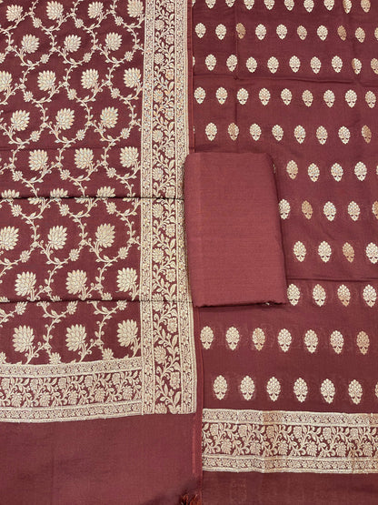Puresilk Handloom Brown Mulberry Silk Banarasi 3 pcs Suit Set RHN_MEL5
