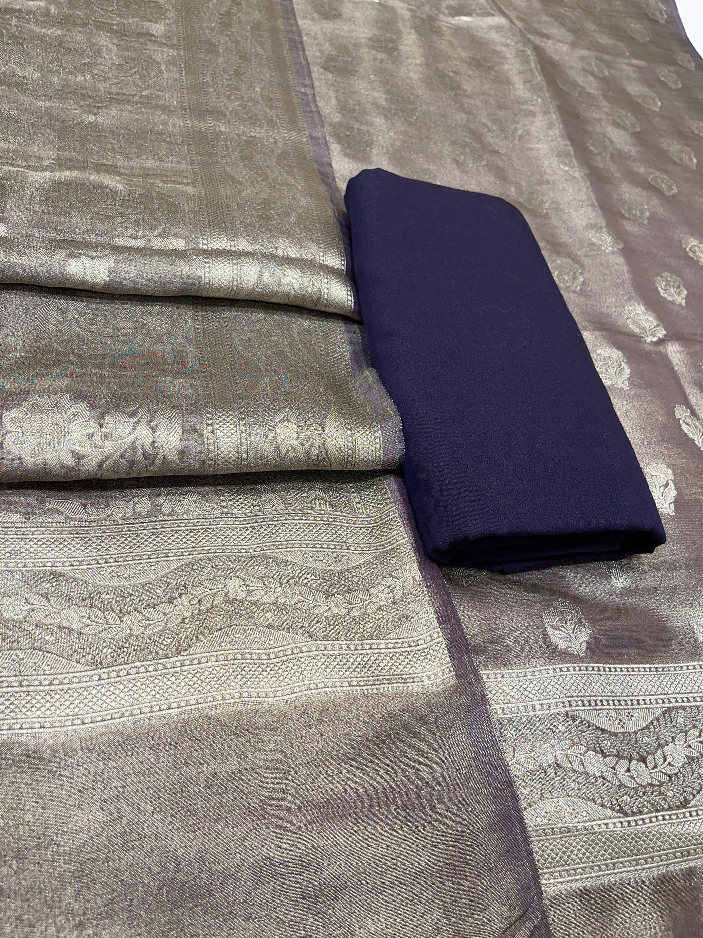 Puresilk Handloom Navy Blue Tissue Silk Banarasi 3 pcs Suit Set RHN_TSU6
