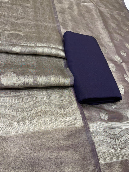 Puresilk Handloom Navy Blue Tissue Silk Banarasi 3 pcs Suit Set RHN_TSU6