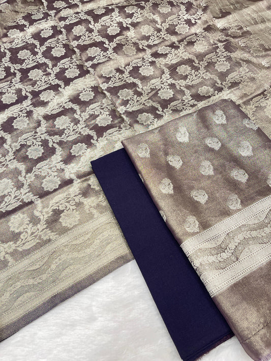 Puresilk Handloom Navy Blue Tissue Silk Banarasi 3 pcs Suit Set RHN_TSU6