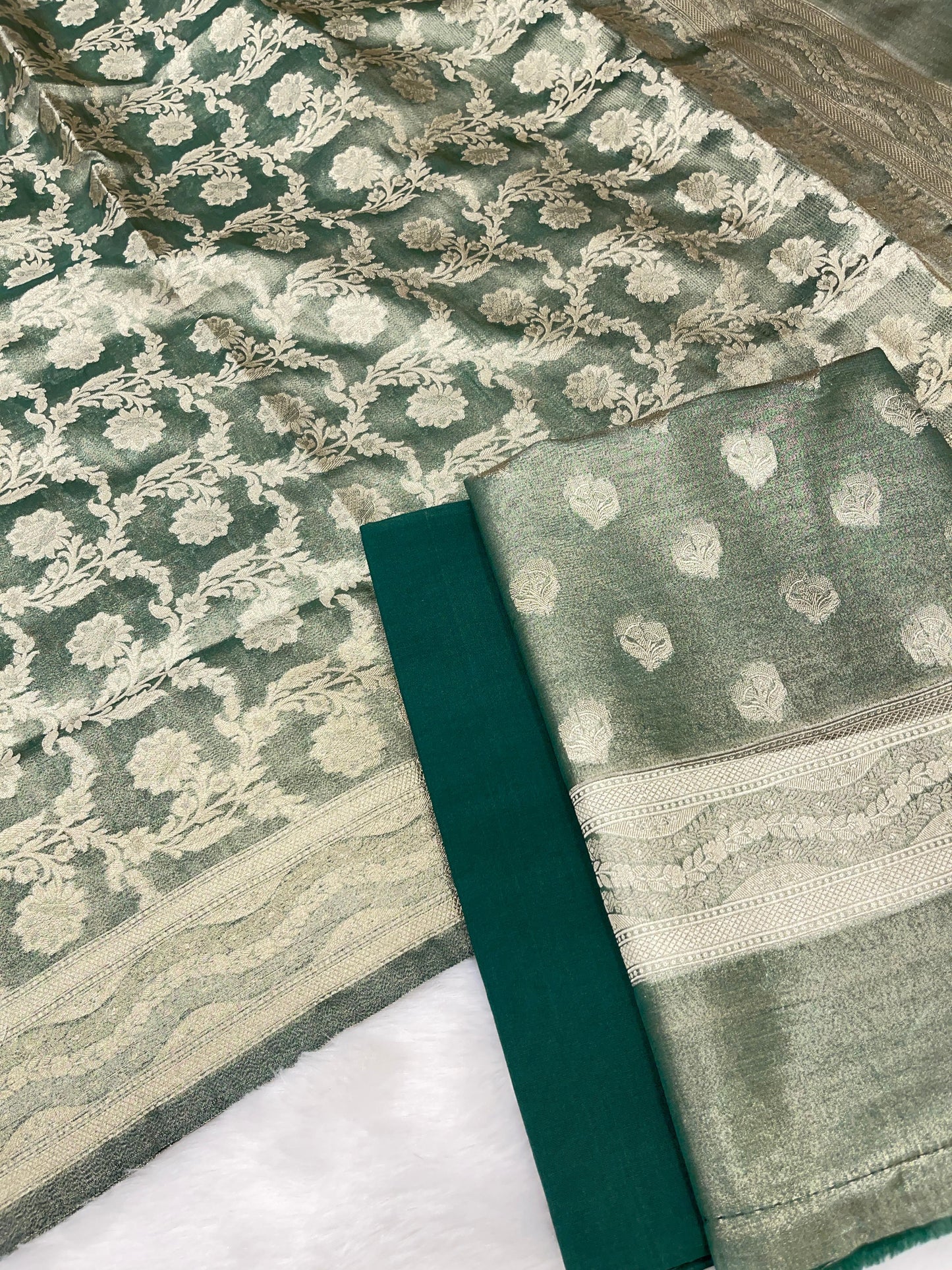 Puresilk Handloom Green Tissue Silk Banarasi 3 pcs Suit Set RHN_TSU1