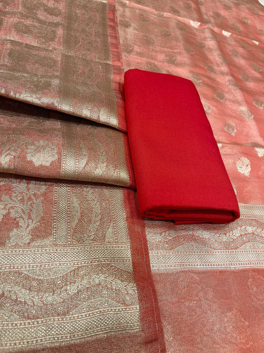 Puresilk Handloom Rust Red Tissue Silk Banarasi 3 pcs Suit Set RHN_TSU2