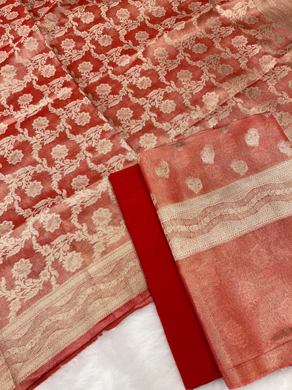Puresilk Handloom Rust Red Tissue Silk Banarasi 3 pcs Suit Set RHN_TSU2