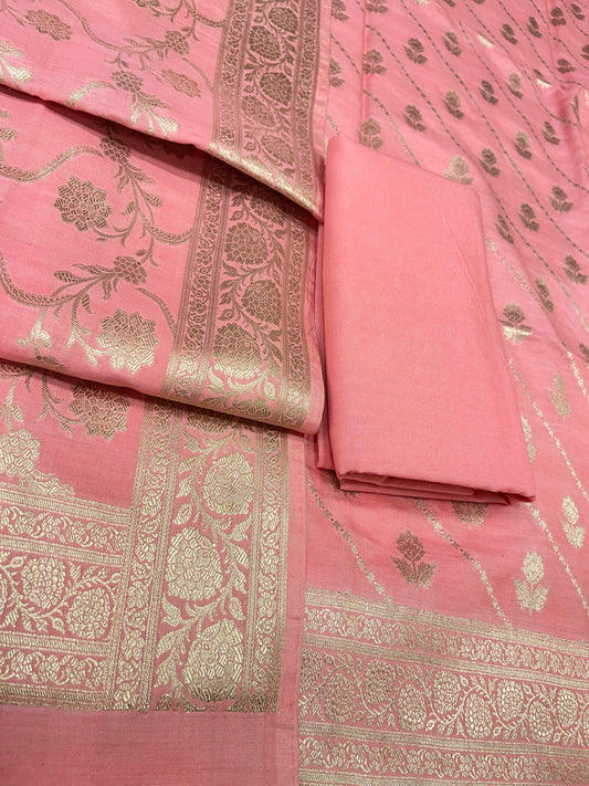 Puresilk Handloom Peach Pink Modal Silk Banarasi 3 pcs Suit Set RHN_MDL5