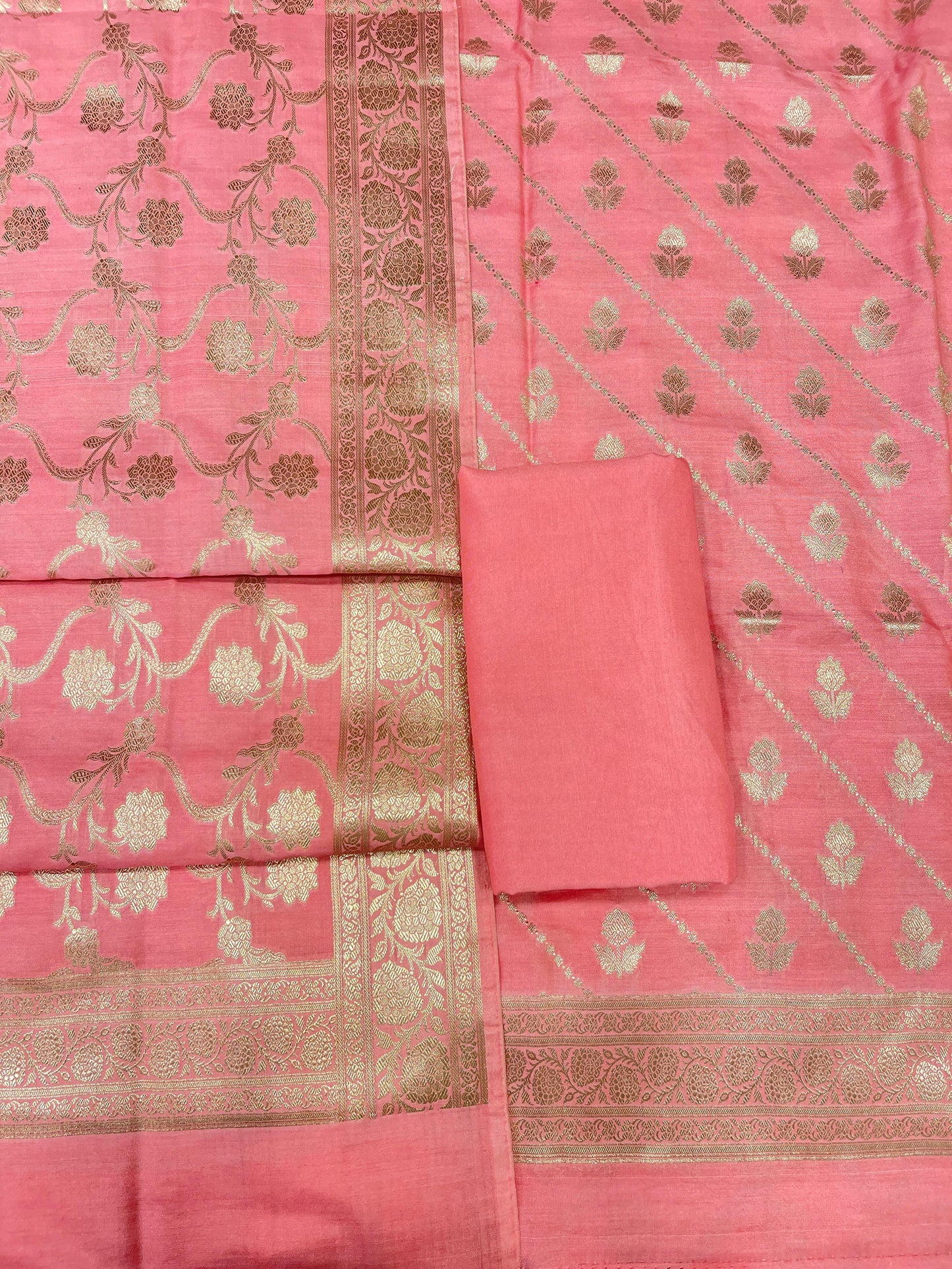 Puresilk Handloom Peach Pink Modal Silk Banarasi 3 pcs Suit Set RHN_MDL5