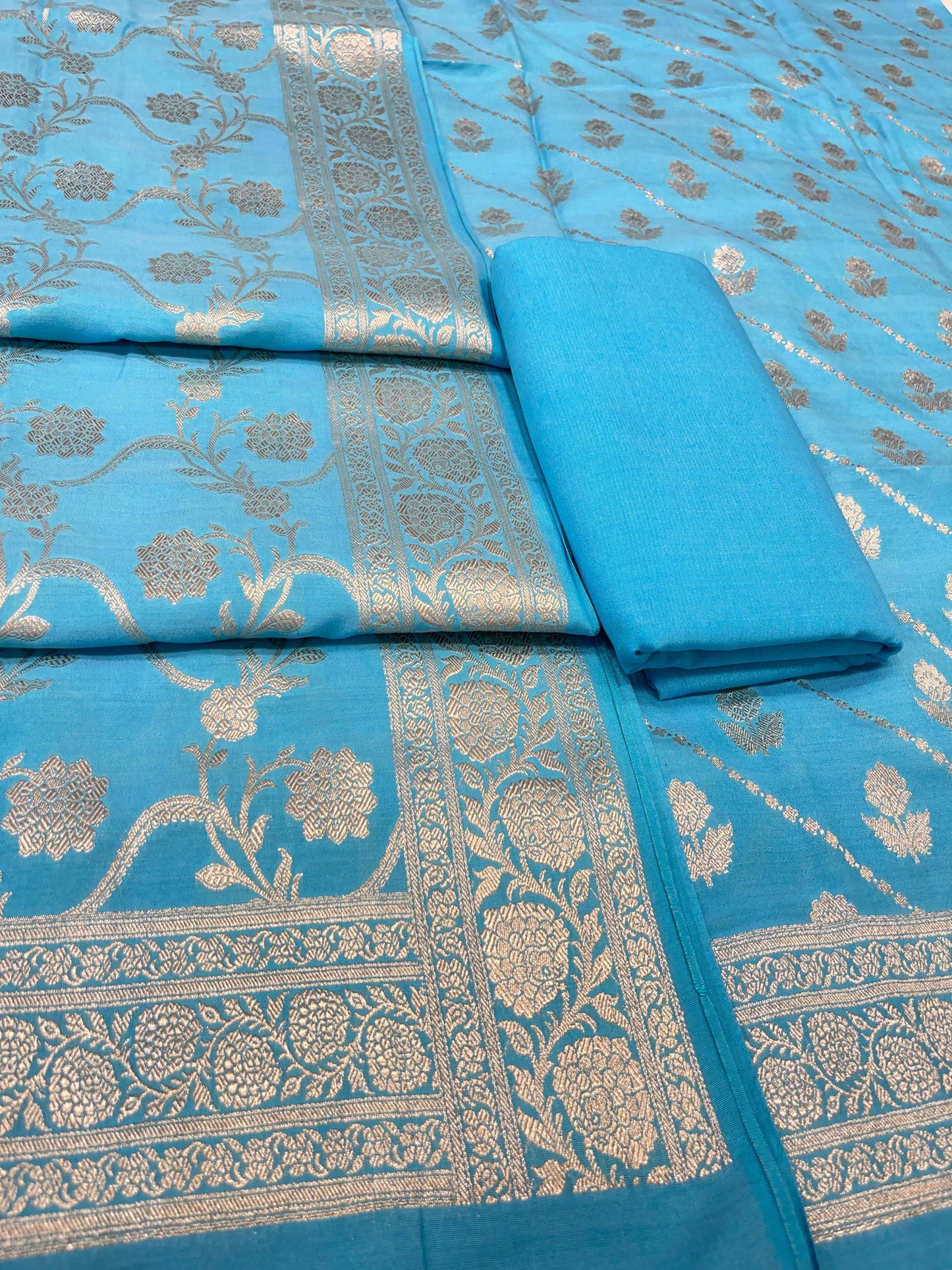 Puresilk Handloom Sky Blue Modal Silk Banarasi 3 pcs Suit Set RHN_MDL2