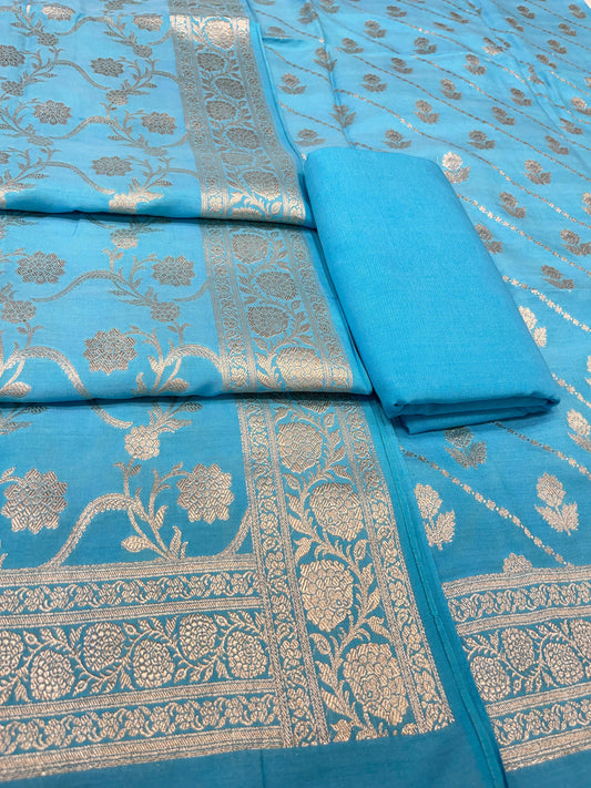 Puresilk Handloom Sky Blue Modal Silk Banarasi 3 pcs Suit Set RHN_MDL2