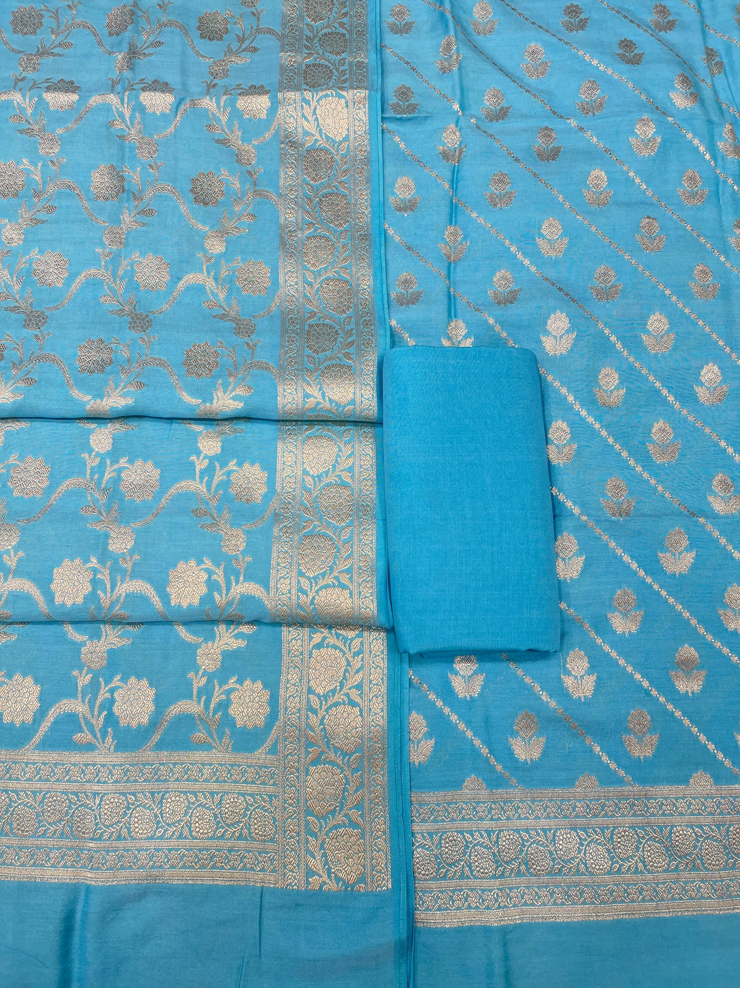 Puresilk Handloom Sky Blue Modal Silk Banarasi 3 pcs Suit Set RHN_MDL2
