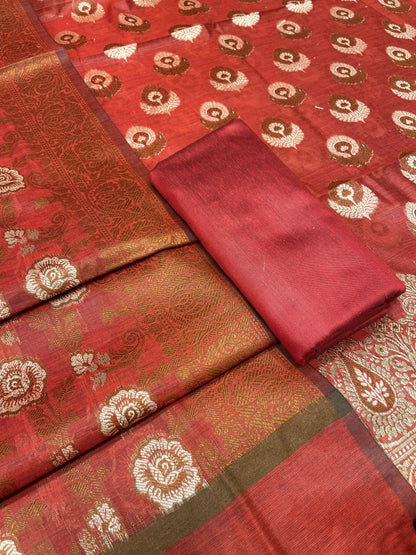 Red cotton suit featuring floral zari resham mina bootis and jaal dupatta. SHL_11