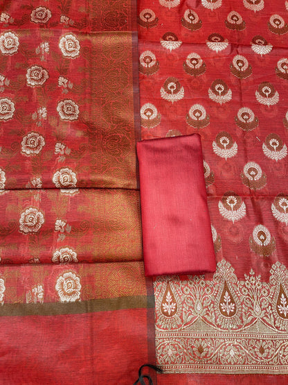 Red cotton suit featuring floral zari resham mina bootis and jaal dupatta. SHL_11