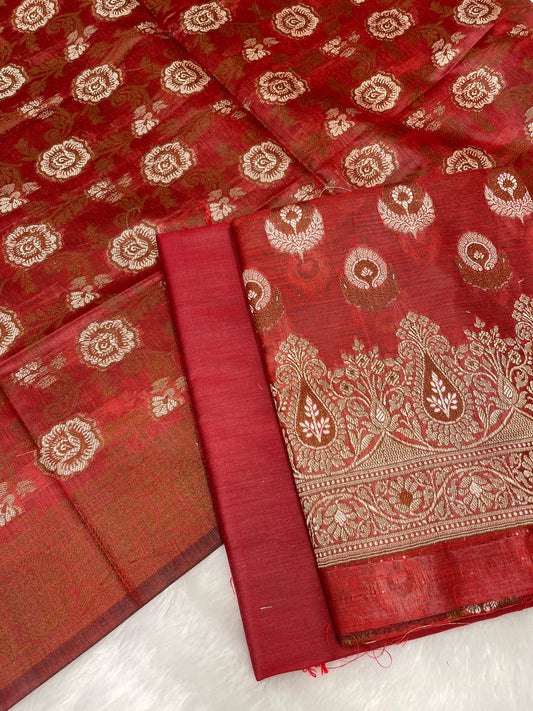 Red cotton suit featuring floral zari resham mina bootis and jaal dupatta. SHL_11