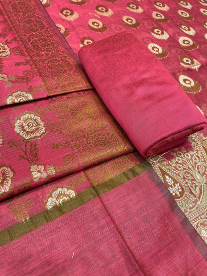 Magenta cotton suit featuring floral zari resham mina bootis and jaal dupatta. SHL_15