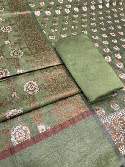 Pistachio green cotton suit set with floral resham mina bootis and matching dupatta. SHL_24