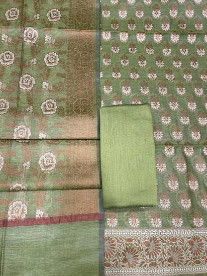 Pistachio green cotton suit set with floral resham mina bootis and matching dupatta. SHL_24