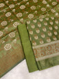 Pistachio green cotton suit set with floral resham mina bootis and matching dupatta. SHL_24