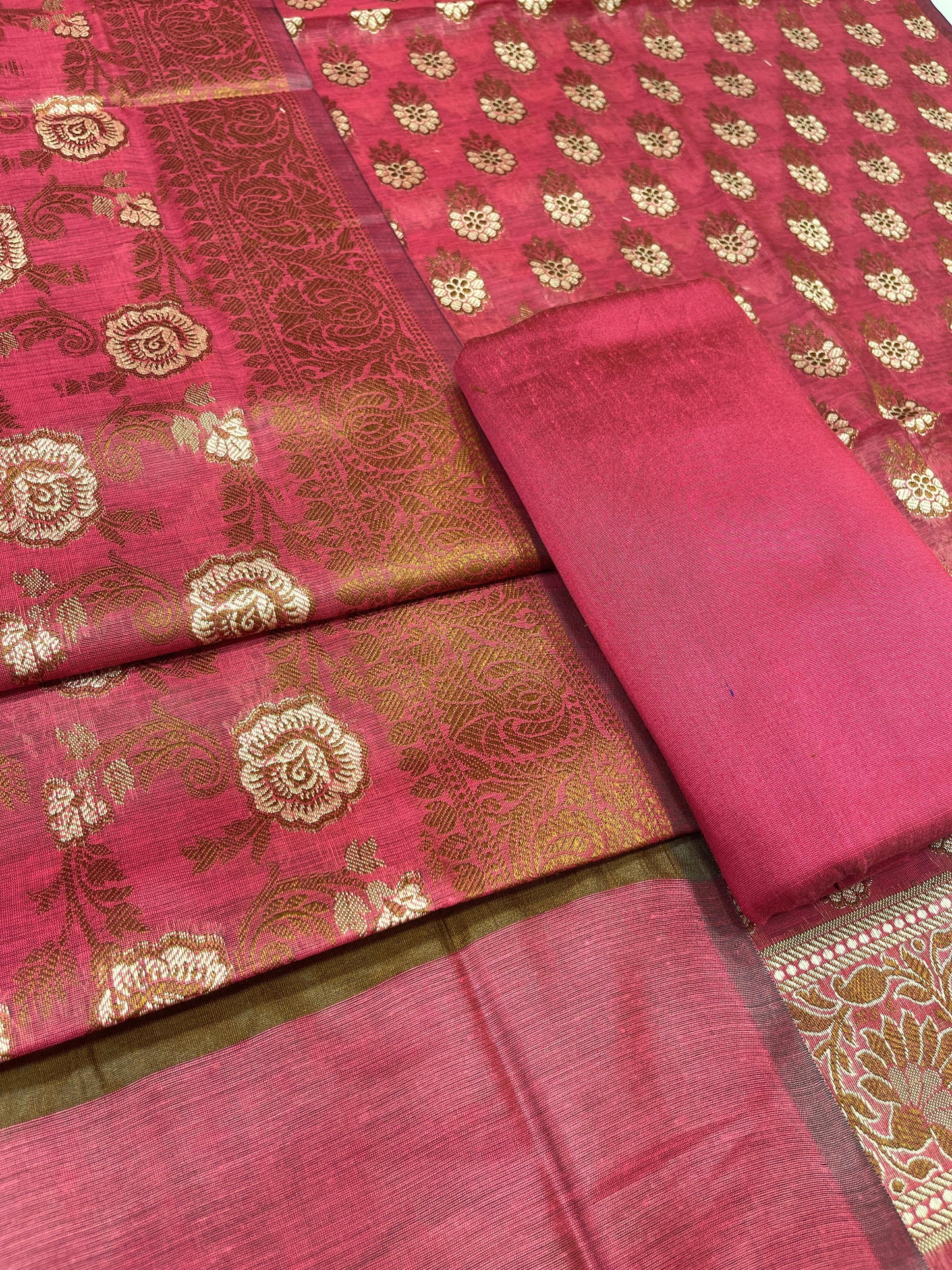 Magenta cotton suit set with floral resham mina bootis and matching dupatta. SHL_22
