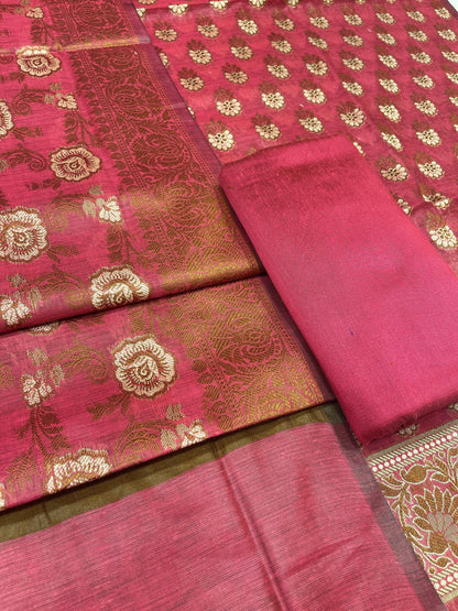 Magenta cotton suit set with floral resham mina bootis and matching dupatta. SHL_22