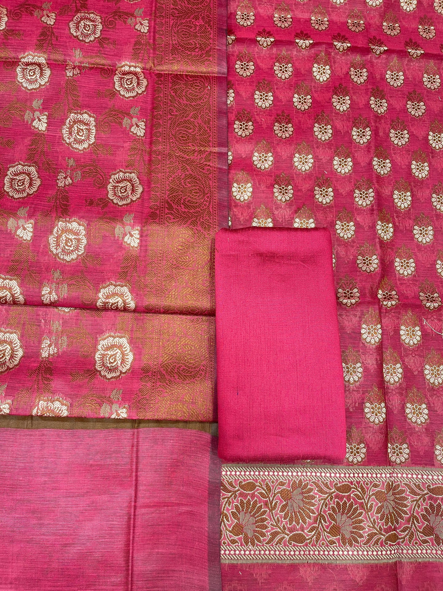 Magenta cotton suit set with floral resham mina bootis and matching dupatta. SHL_22