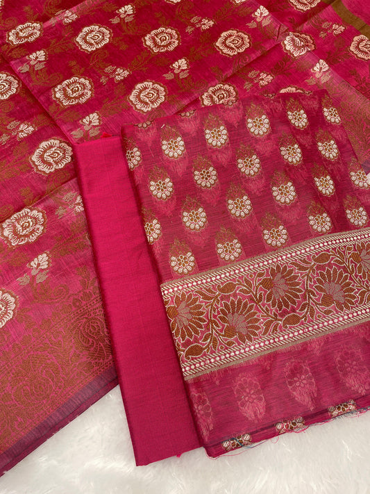 Magenta cotton suit set with floral resham mina bootis and matching dupatta. SHL_22