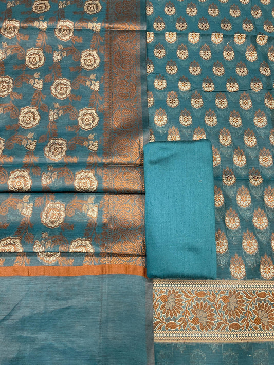 Dark seagreen cotton suit set with floral resham mina bootis and matching dupatta. SHL_26