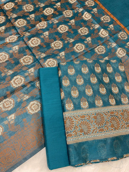 Dark seagreen cotton suit set with floral resham mina bootis and matching dupatta. SHL_26