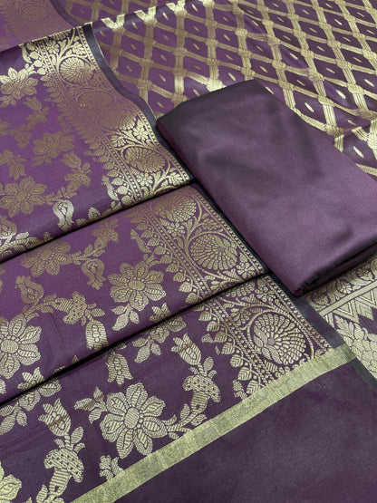 Purple art silk suit set with diagonal zari stripes and matching dupatta. SHL_56