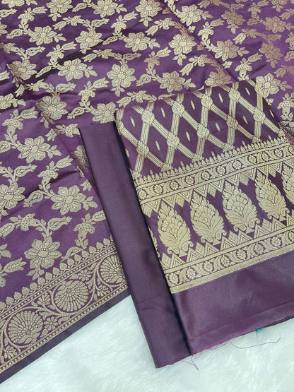 Purple art silk suit set with diagonal zari stripes and matching dupatta. SHL_56