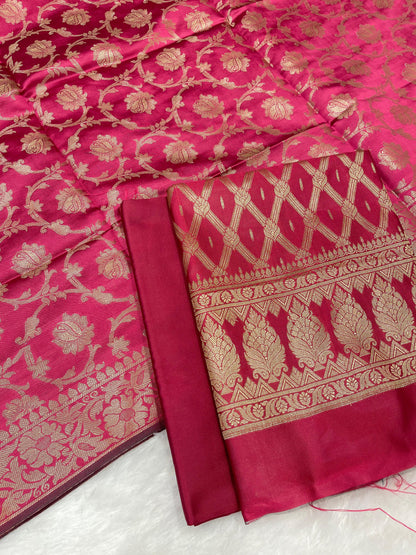 Pink art silk suit set with diagonal zari stripes and matching dupatta. SHL_52