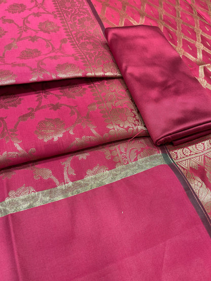 Pink art silk suit set with diagonal zari stripes and matching dupatta. SHL_52