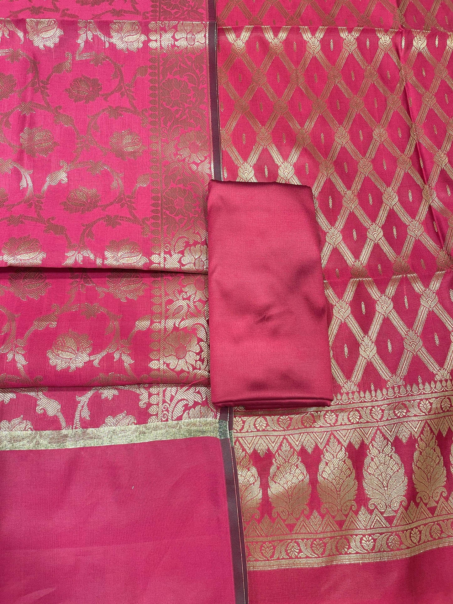 Pink art silk suit set with diagonal zari stripes and matching dupatta. SHL_52
