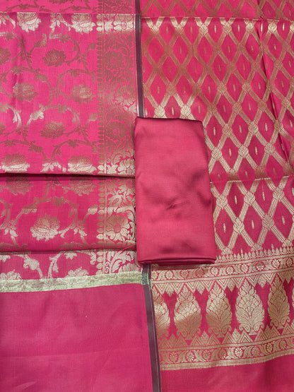 Pink art silk suit set with diagonal zari stripes and matching dupatta. SHL_52