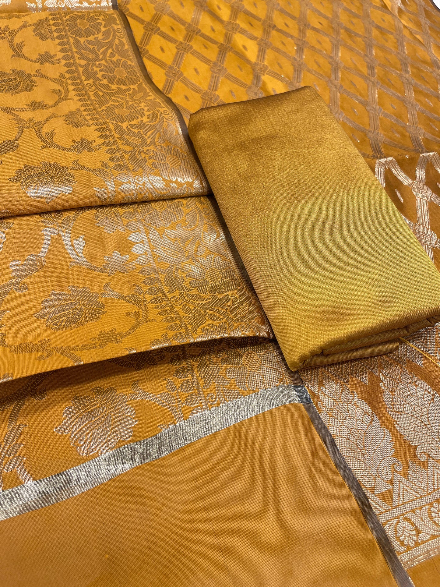Mustard gold art silk suit set with diagonal zari stripes and matching dupatta. SHL_54