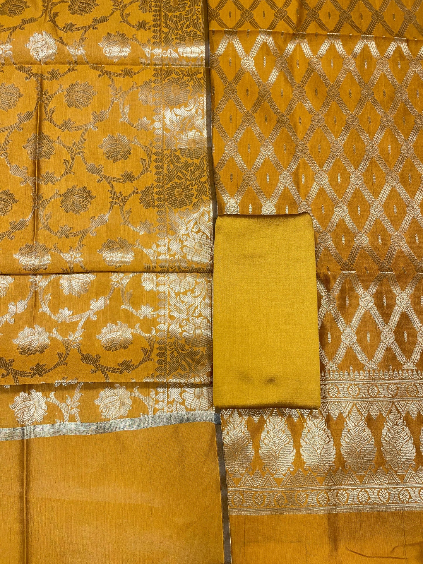 Mustard gold art silk suit set with diagonal zari stripes and matching dupatta. SHL_54