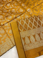 Mustard gold art silk suit set with diagonal zari stripes and matching dupatta. SHL_54
