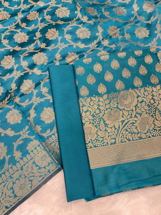 Dark seagreen art silk suit set with floral zari bootas and matching dupatta. SHL_68
