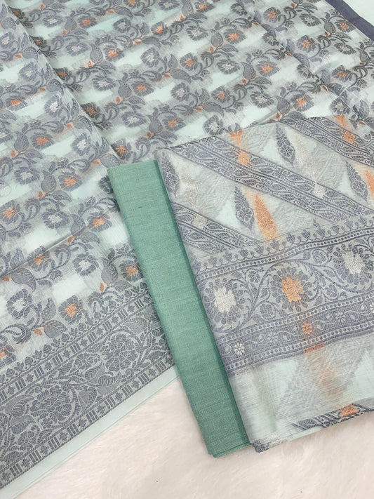 Seagreen cotton suit with diagonal resham stripes and tilfi jaal dupatta. SHL_16