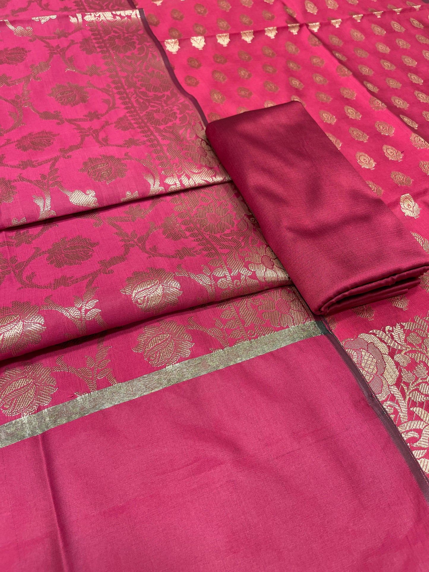 Magenta art silk suit set with floral zari bootis and matching dupatta. SHL_58