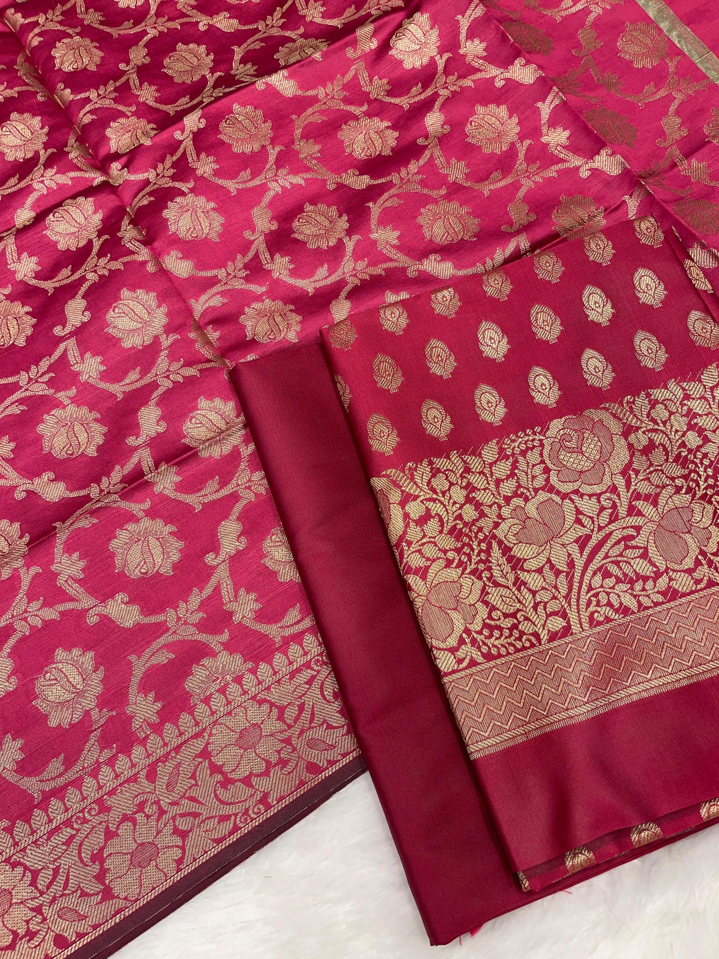 Magenta art silk suit set with floral zari bootis and matching dupatta. SHL_58