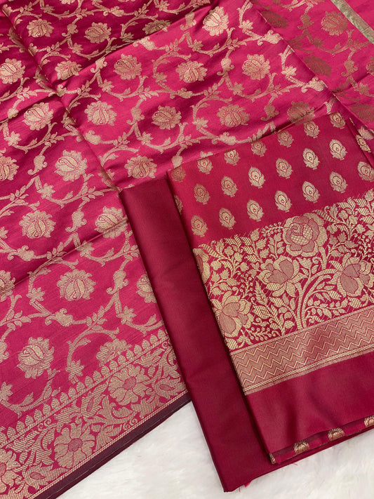 Magenta art silk suit set with floral zari bootis and matching dupatta. SHL_58