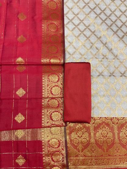 Off White Cotton Silk Banarasi 3 pcs Suit Set  with Contrast Maroon Dupatta 650ASD_CS9