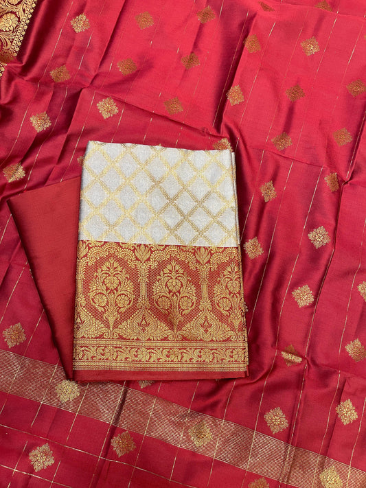 Off White Cotton Silk Banarasi 3 pcs Suit Set  with Contrast Maroon Dupatta 650ASD_CS9