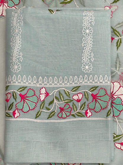 Seagreen Cotton Linen Embroidery Banarasi 3 pcs Suit Set 1200IM_CL4