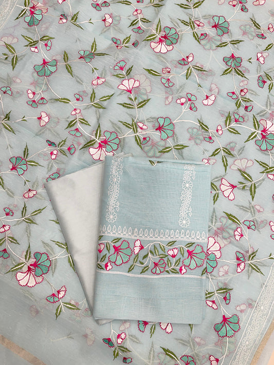 Seagreen Cotton Linen Embroidery Banarasi 3 pcs Suit Set 1200IM_CL4