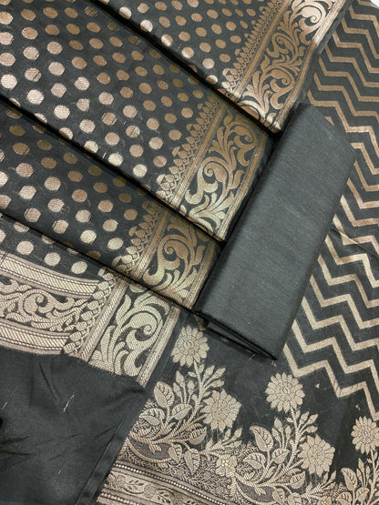Black Cotton Silk Zig-Zag Banarasi 3 pcs Suit Set 675JVC_127