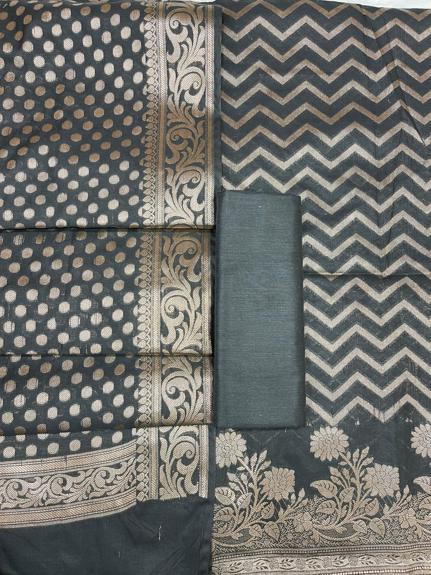 Black Cotton Silk Zig-Zag Banarasi 3 pcs Suit Set 675JVC_127