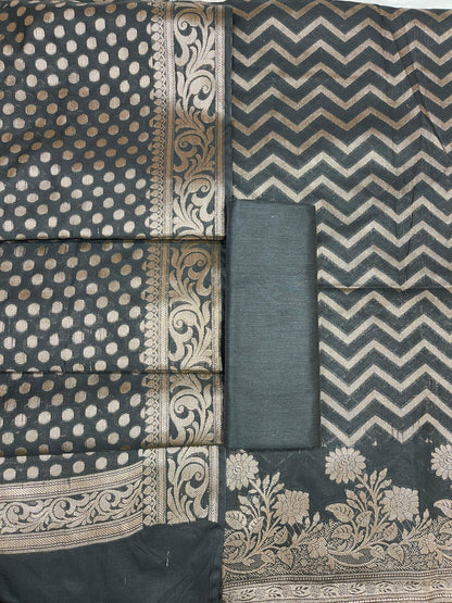 Black Cotton Silk Zig-Zag Banarasi 3 pcs Suit Set 675JVC_127