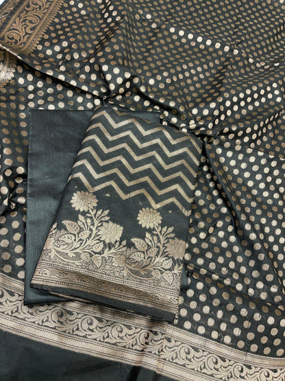Black Cotton Silk Zig-Zag Banarasi 3 pcs Suit Set 675JVC_127