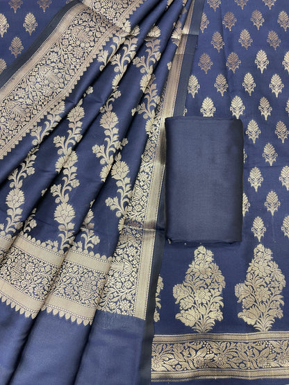 Navy Blue Katan Silk Zari Border Banarasi 3 pcs Suit Set 800JD_KB1