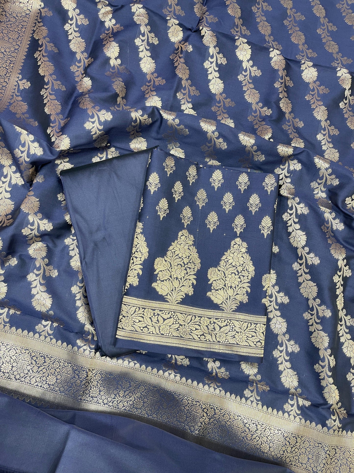Navy Blue Katan Silk Zari Border Banarasi 3 pcs Suit Set 800JD_KB1
