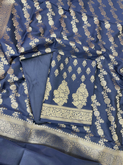 Navy Blue Katan Silk Zari Border Banarasi 3 pcs Suit Set 800JD_KB1